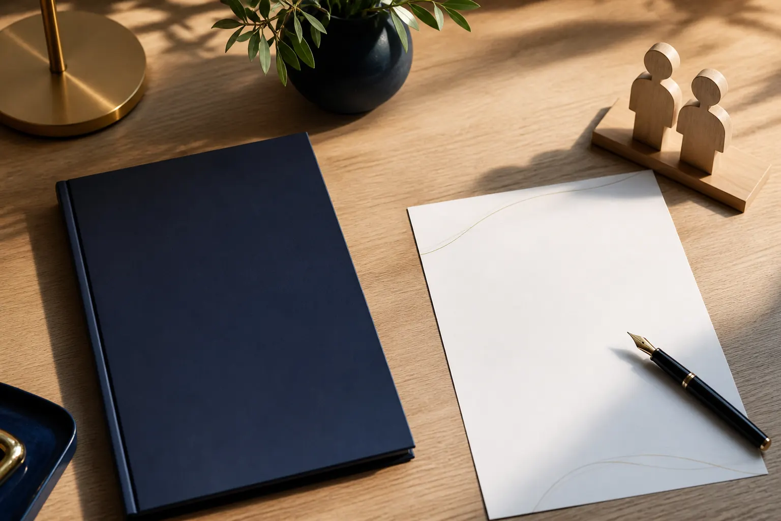 Dossier bleu, feuille blanche, stylo plume et deux figurines en bois sur un bureau éclairé.