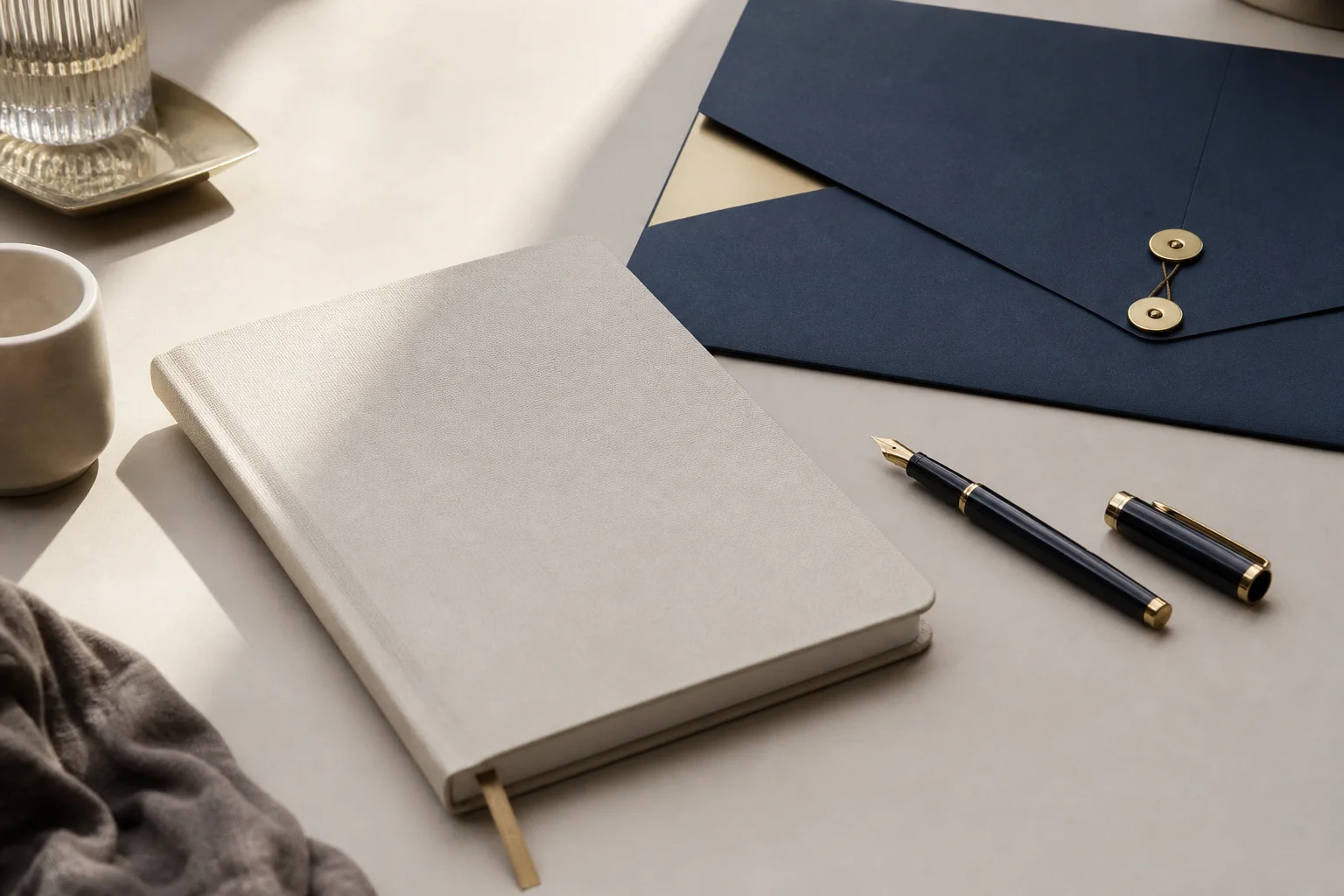 Carnet, enveloppes bleues et stylo sur un bureau clair.