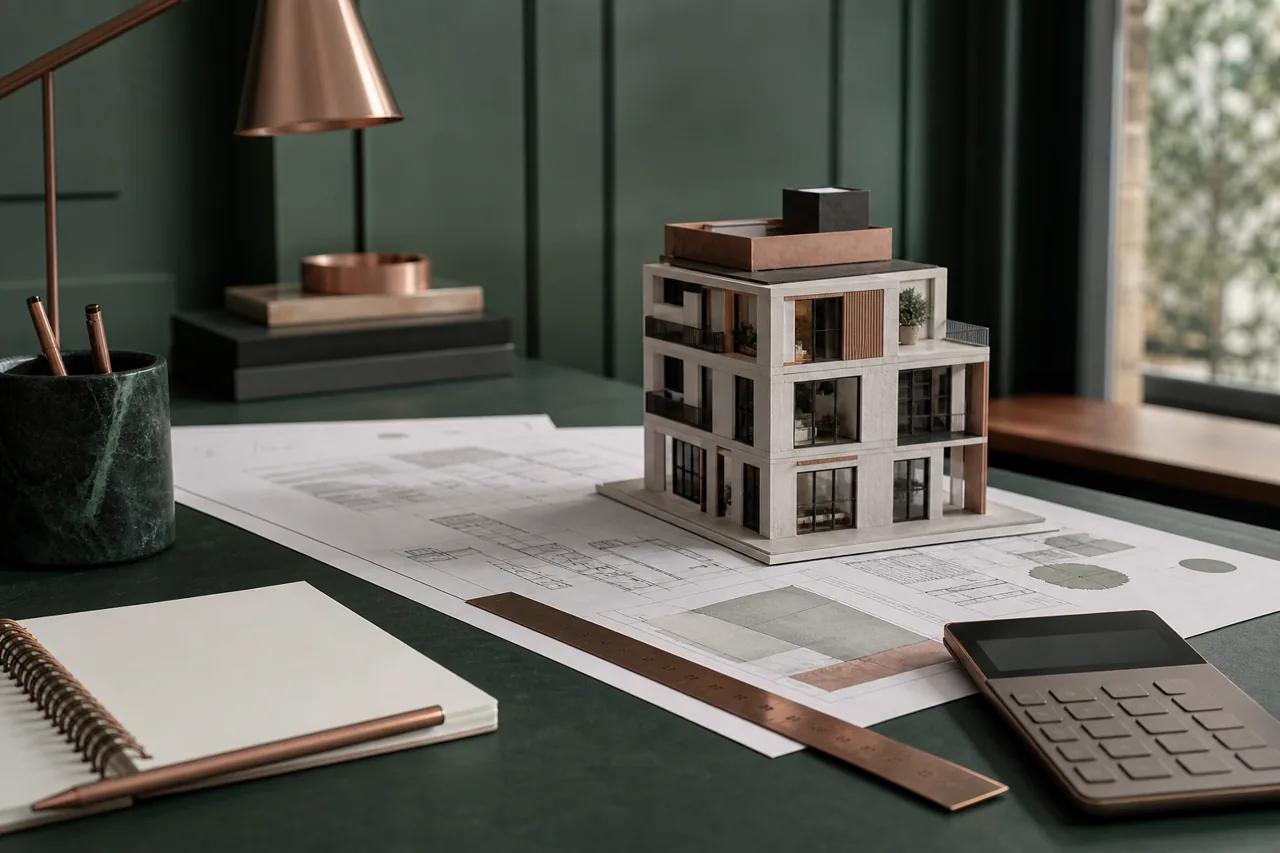 Maquette d’un immeuble et plans architecturaux utilisés comme support de comparaison.